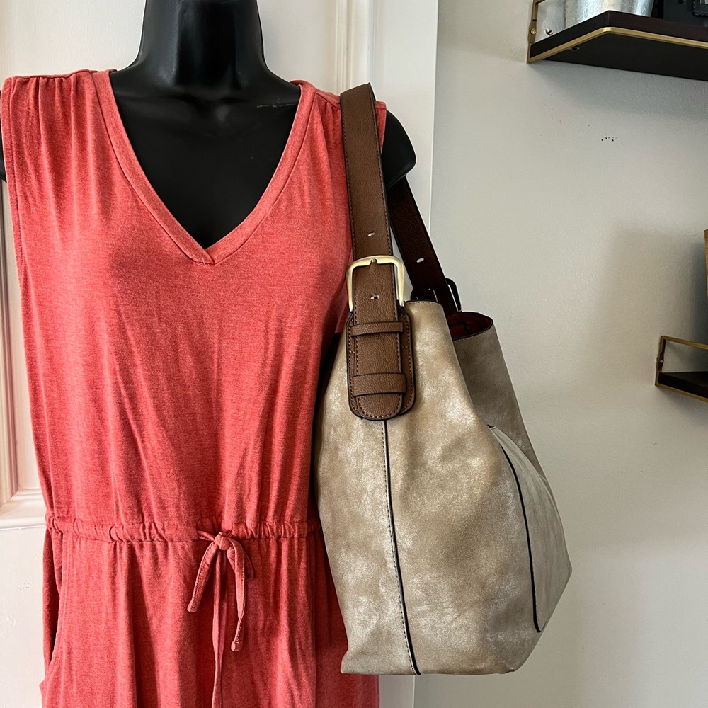 Soft Suede Sholder Bag Brown with Brass Hardware